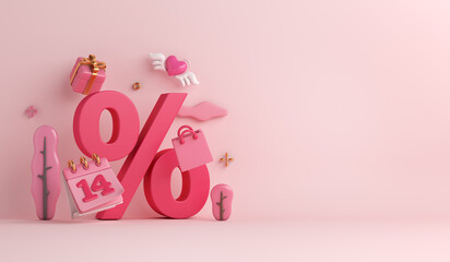 Happy Valentines day sale background with percent symbol, calendar date 14, gift box, heart shape wing,  copy space text, 3D rendering illustration - obrazy, fototapety, plakaty