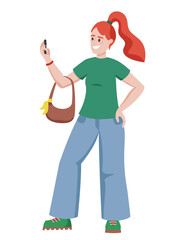 Woman taking selfie. Female person in cartoon style.