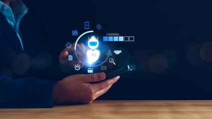 ChatGPT Chat concept AI, Artificial Intelligence. businessman using technology smart robot AI, enter command prompt, contact for business information analysis, Futuristic technology transformation.