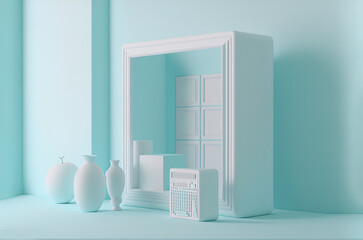 Comfortable and minimal home working desk in sky blue and teal with pink pastel tones, cozy remote interior workdesk with computer screen laptop. Digital illustration created with Generative AI.