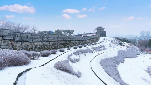 Time lapse 4k, Hwaseong Fortress in winter at suwon city South Korea