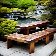 A bench next to a Zen garden. 