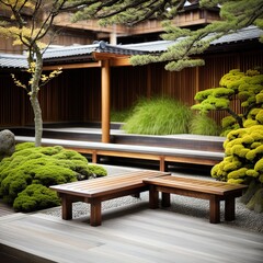 A bench next to a Zen garden. 