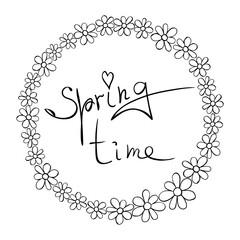Springtime - vector handwritten inscription in circle frame, border, wreath from outline small flowers chamomile in doodle flat style