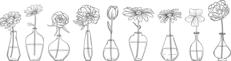 繊細な線画の花を生けた一輪挿しの花瓶セット　ベクター素材
