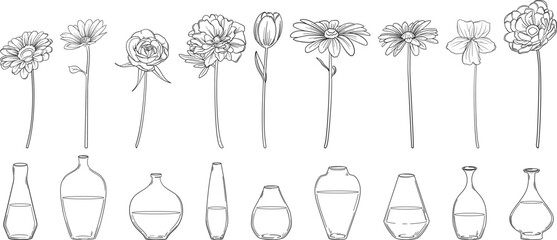 繊細な線画の花と一輪挿しの花瓶セット　ベクター素材