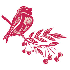 Vectir decorative illustration with birds and rowan berries on branches in magenta color. Tracery clip art with bullfinches on the branch.