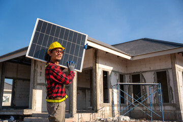 Asian technician carrying solar panels happily smiling in front of unfinished house at construction site. Concept of alternative and renewable energy.