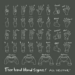 シンプルでおしゃれなハンドサインのチョークアート風線画ベクターイラスト素材セット