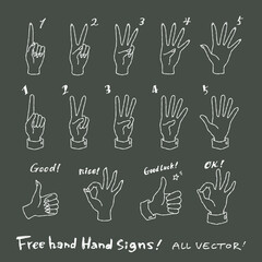 シンプルでおしゃれなハンドサインのチョークアート風線画ベクターイラスト素材セット