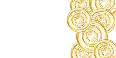 Circle with gold ring frame on white background, elegant white decor object of round shape with shine border. Suitable for card, invitation, party.
