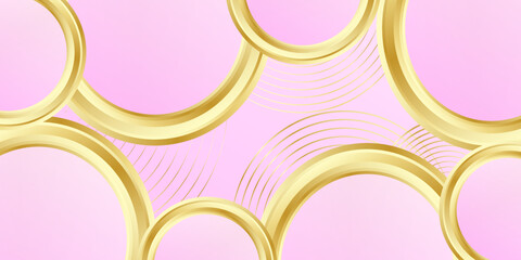 Circle golden thread on soft pink background. Modern cover design with gold round ring (golden circle pattern). Luxury creative premium backdrop.