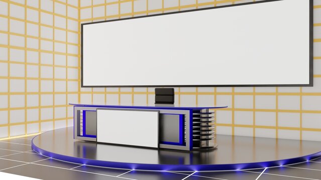 white table and lcd background in the news studio room.3d rendering.	