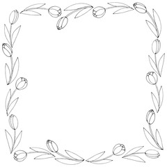 Vector round frame, wreath from outline tulips. Spring flowers. Hand drawn doodle isolated. Background, border, decoration for greeting card, Valentine's, Women's or Mother day.