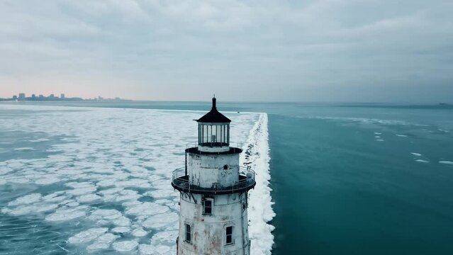 Orbit Shot Of Chicago Harbor Lighthouse, Lighting Signal,  illinois, United States