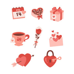 Valentine's day element. Gift, heart, balloon, cup, key, rose, candy, archer, chocolate, and others for decorative. Sticker cartoon style. Vector illustration.