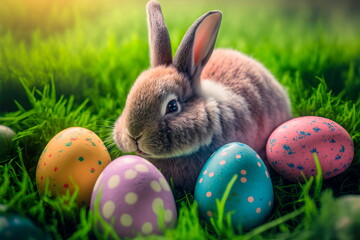 Fototapeta na wymiar Rabbit and easter eggs in green grass . Easter - Cute Bunny In Garden