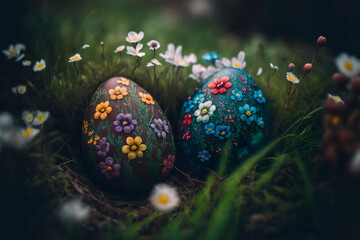 Postcard with easter decoration and painted colorful easter eggs in beautiful nature landscape