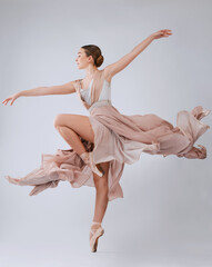 Woman dancing, ballet and studio background with balance, art movement and beauty for training....