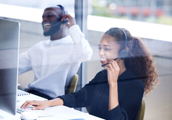Call center, funny and employees laughing on a computer for consulting, telemarketing and customer support. Comic, contact us and happy customer service agents working in technical support on a pc - obrazy, fototapety, plakaty