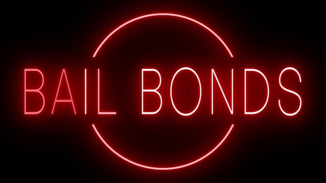 Red neon flickering sign with BAIL BONDS against a black background