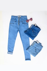 Different Color   Ladies Denim Jeans    flay lay with shoes