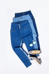 Different Color   Ladies Denim Jeans    flay lay with shoes