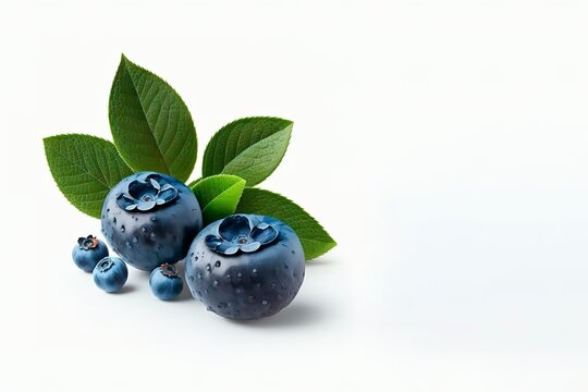 Blueberry isolated. Blueberry with leaves on white. Bilberry on white background. Full depth of field.. Fresh fruits isolated.  Generative AI