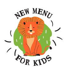 New menu for kids, lion animal character vector