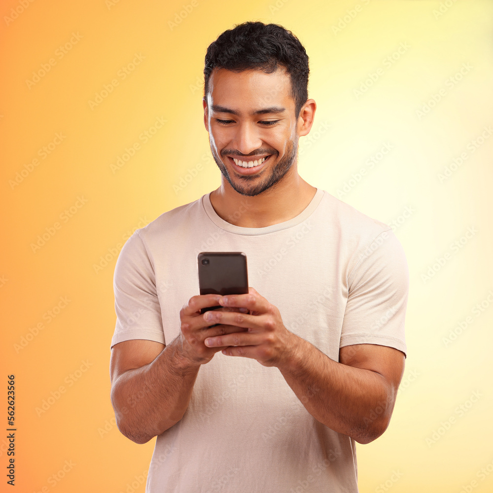 Aufkleber man, studio and phone for social media, chat and online dating with smile, reading and happiness. mo