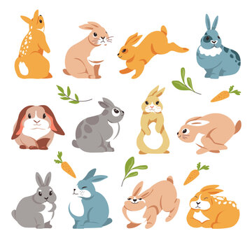 Rabbits jumping and sitting, hares characters