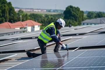 Well-equipped worker in protective clothing working and examining solar panels on a photovoltaic rooftop plant. Concept of maintenance and installation of solar station.