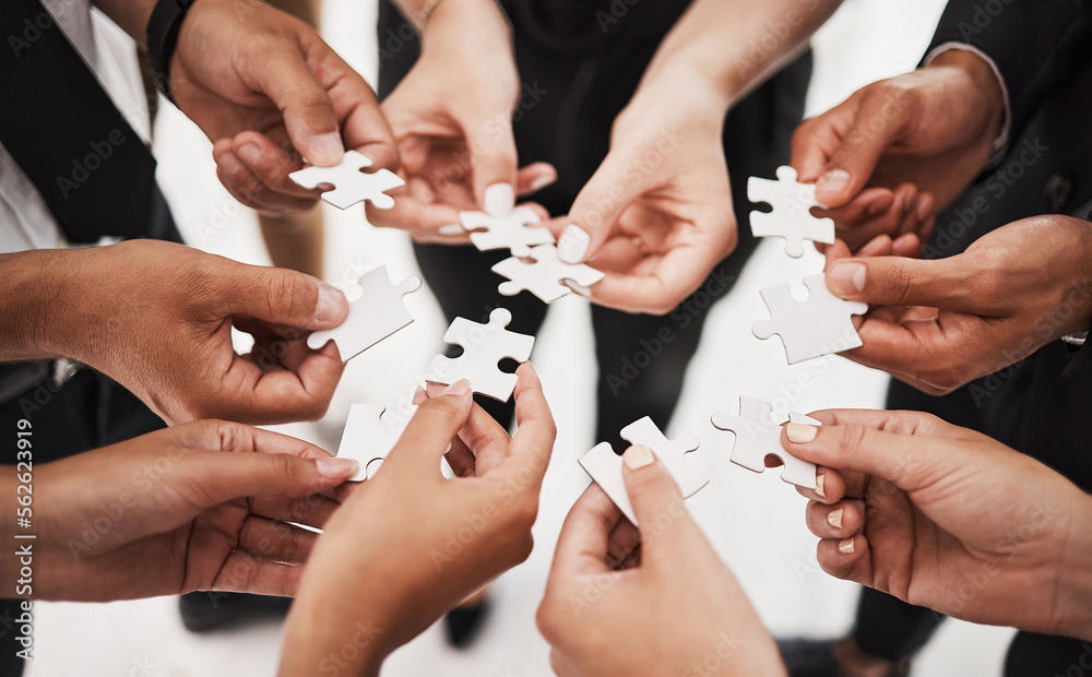Aufkleber hands, puzzle and business people collaboration, teamwork and integration closeup for planning. team