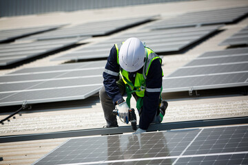 Well-equipped worker in protective clothing working and examining solar panels on a photovoltaic...