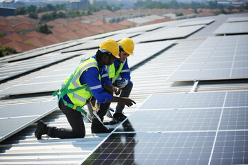 Well-equipped worker in protective clothing working and examining solar panels on a photovoltaic rooftop plant. Concept of maintenance and installation of solar station.