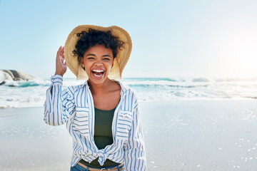 Beach, summer and portrait of black woman with smile on holiday, vacation and weekend by ocean....