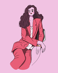 A pretty fashion model sitting in a stylish chair wearing a formal pink suit and a white top inside.