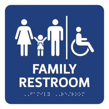 Family restroom sign design with Braille. Isolated vector label for toilet 