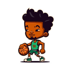 Young Black Kid playing basketball, little boy play ball vector cartoon
