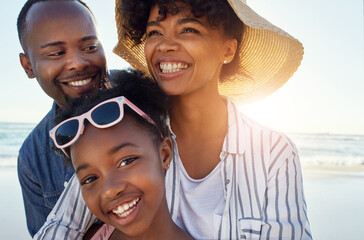 Black family, happy and beach sunshine portrait together for travel holiday, summer vacation or bonding outdoor. Parents smile, child happiness and relax quality time on ocean sea water for adventure