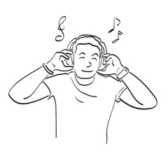 line art man listening to music through his headphone illustration vector hand drawn isolated on white background