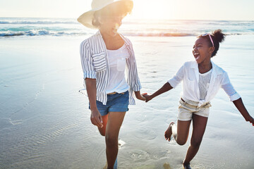 Mother with girl kids holding hands on beach, happy outdoor and ocean waves, lens flare and fun together in nature. Laughing, black family on summer vacation and adventure, running woman and child