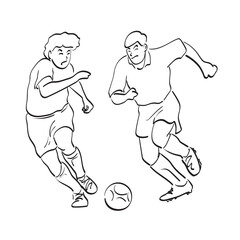 Fototapeta na wymiar line art full length of two soccer players with ball illustration vector hand drawn isolated on white background