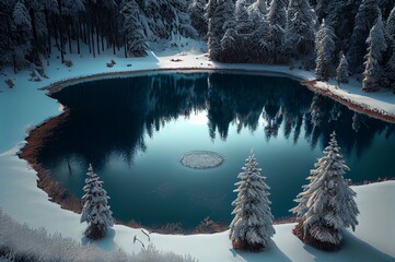 frozen mini lake or pond, made with generative ai, snowy forest, winter, trees