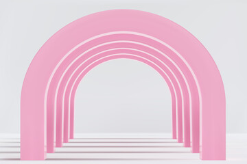 Empty corridor of several pink round arches in perspective with white floor and shadows. Minimal background. Abstract architecture. Vector illustration of archway. Inside interior