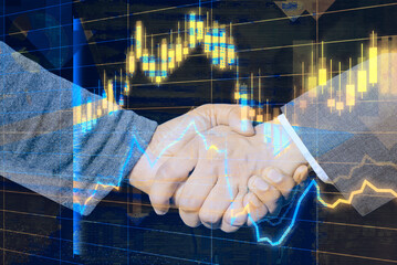 Börse, Wirtschaft und ein Handschlag zwischen zwei Partnern nach einem Deal