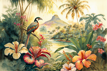 Tropical Paradise wallpaper. trees and birds with detailed watercolor paintings of a serene, tropical Hawaiian landscape.  - obrazy, fototapety, plakaty