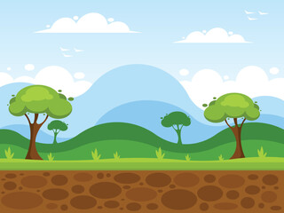 Nature landscape, background with grass, forest, mountains and sky. Vector graphics
