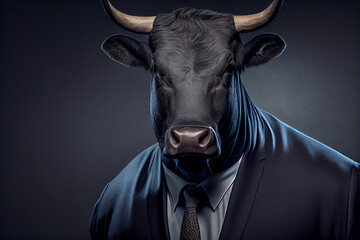 Portrait of a bull wearing a suite on a black background. generative ai