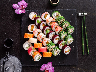 sushi on the black background